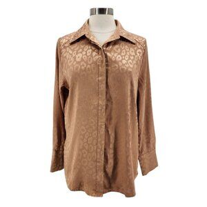 12th Tribe Womens Medium Top Satin Animal Print Gold Metallic Button Shirt Party
